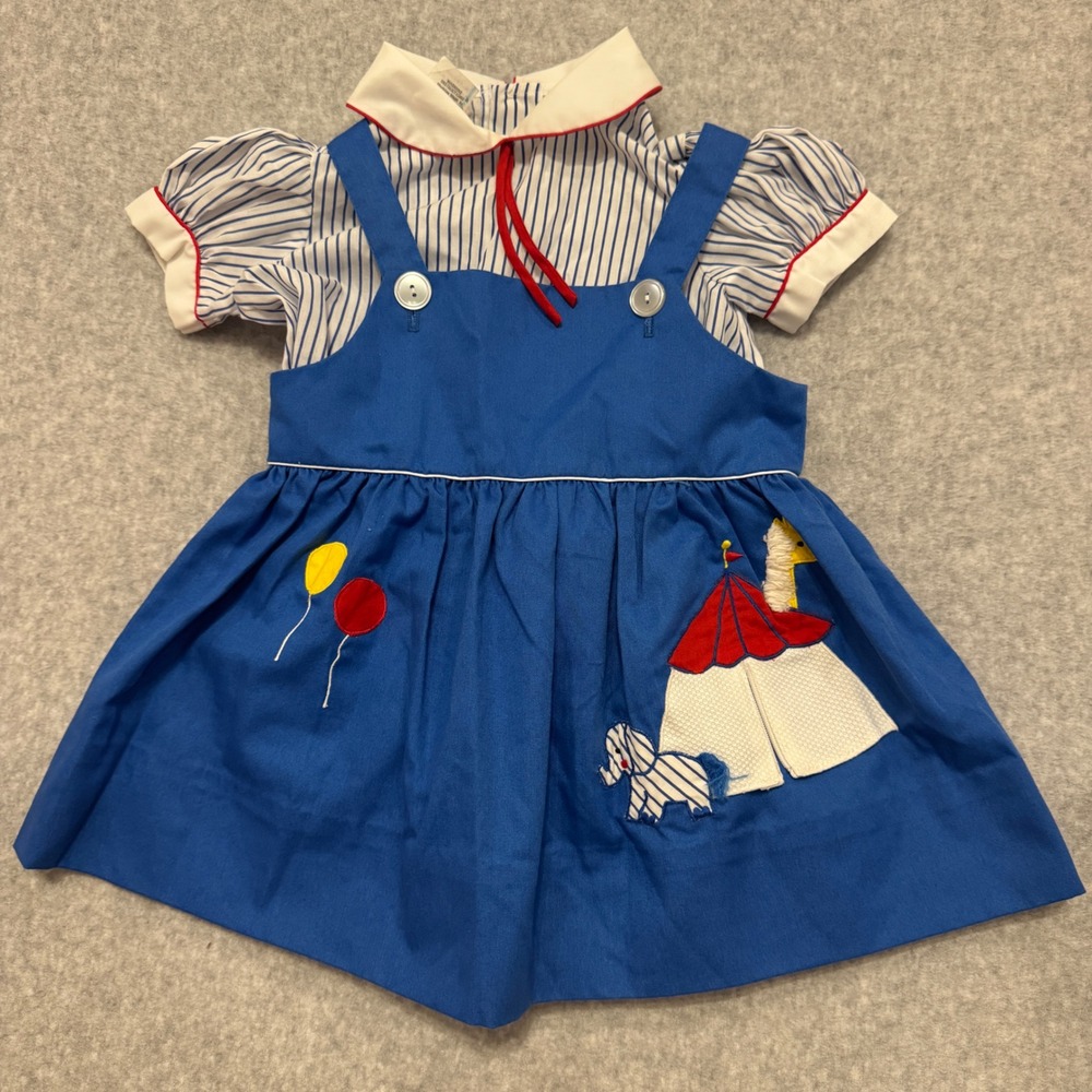 Vintage Baby Togs Toddler 3T Circus Applique Jumper Dress and Striped Blouse Set